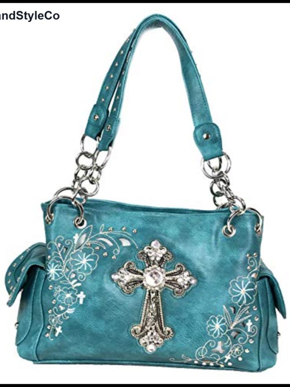 Western Rhinestone Cross Embroidered Floral Soft Synthetic Leather Shoulder